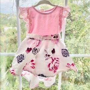 2T Pink dress crocheted sleeves rose print